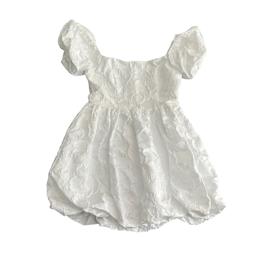 Astr White Textured Puff-Sleeve Mini Dress